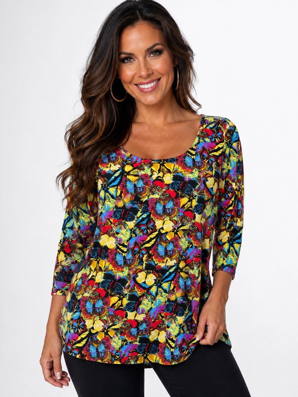 Rising International Butterfly Print Cotton Blend Tunic Top Size L Colorful Boho
